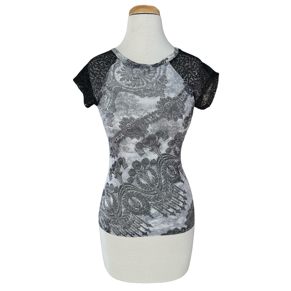 AWAKE COUTURE Women’s Cotton Blend Blouse Sz S Cap Sleeve Lace Sequins
